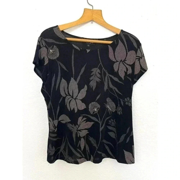 VTG Briggs Women's Black Beige Cling Top Short Sleeve Large Floral Y2K - Picture 7 of 8